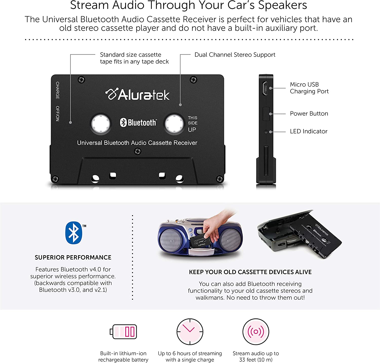 Aluratek Universal Bluetooth Audio Cassette Receiver, Built-in Rechargeable Battery, Up to 8 Hours Playtime, Audio Receiving up to 33 Feet - Dealtargets.com