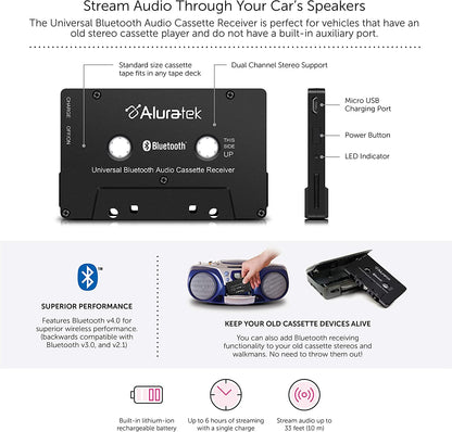 Aluratek Universal Bluetooth Audio Cassette Receiver, Built-in Rechargeable Battery, Up to 8 Hours Playtime, Audio Receiving up to 33 Feet - Dealtargets.com